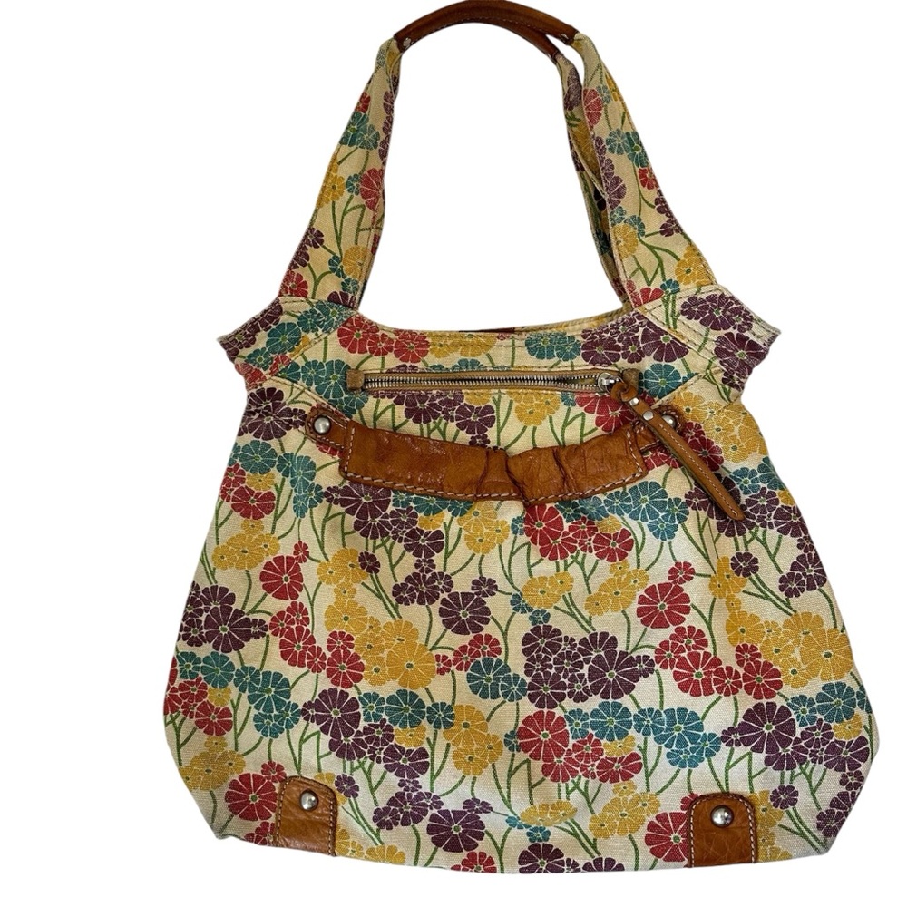 FOSSIL Khaki Floral Print Canvas w/ Leather Trim Details Hobo Shoulder Tote Bag